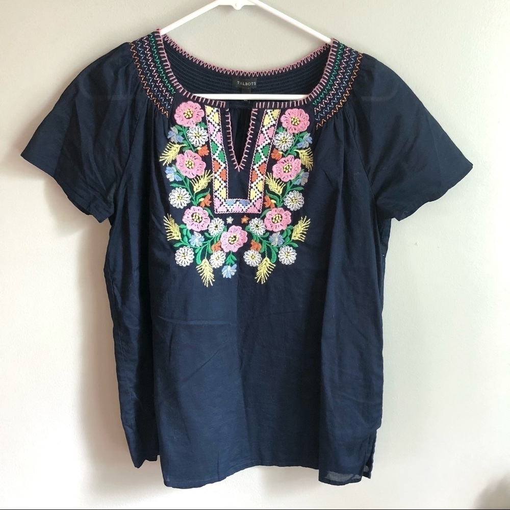 Talbots Top Womens Small Floral Embroidered Boho Cottage Indie Peasant Colorful